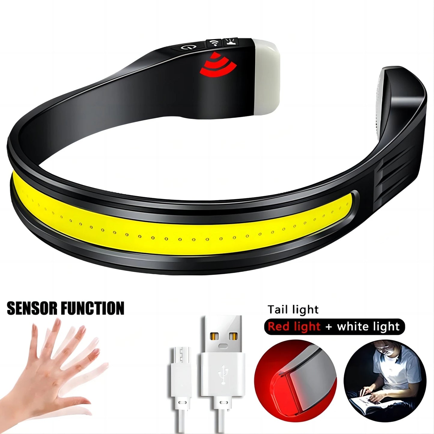 Running Headlamp USB C Rechargeable Built-in Battery Strong Light Fishing Reading Headlight with Tail Red and White Light