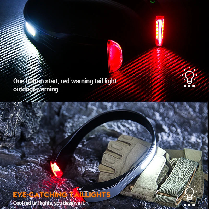 Running Headlamp USB C Rechargeable Built-in Battery Strong Light Fishing Reading Headlight with Tail Red and White Light